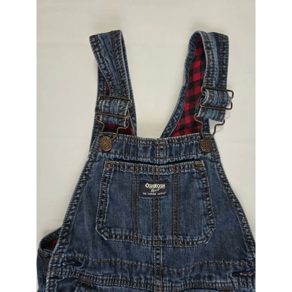 OshKosh Bgosh Boys 5T Flannel Lined Denim Overall BuffaloPlaid Blue Red 21602610